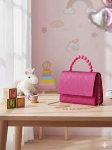Mini Bolsa Infantil Feminina Rosa com Glitter, Alça de Pérolas e Corrente Dourada - rosa - Visão 3