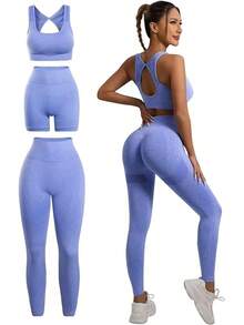 CEEMACE Conjunto Deportivo Mujer de 3 Piezas de Yoga Brasier + Licras deportivas Cintura Alta Control Abdominal Elástico para Jogging Deportes Entrenamiento - azul - Ver 13