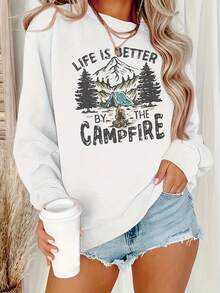 Camping Bonfire Print Versatile Crew Neck Casual Long Sleeve Sweatshirt For Women New ArrivalLong Sleeve T-Shirt Valentine's Day Women's T-Shirt New Years Outfit Women Winter Clothes For Women - trắng - Xem 1