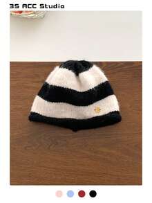 Color-Blocked Cute Pacifier Knitted Beanie Hat, Women's Autumn/Winter Warm, Simple & Versatile, Compact, Elastic Ear Protection Knitted Knit Cap Winter Gear Men's Winter Clothing