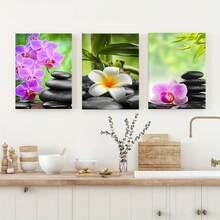 3 buc poster pe pânză fără ramă, pictură Zen cu orhidee și piatră, artă murală pe pânză, pictură murală artistică pentru cadou, dormitor, birou, sufragerie, cafenea, bar, decor de perete, decorare pentru casă și dormitor