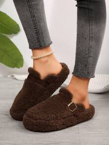 女式冬季毛绒内衬圆头一脚蹬休闲平底鞋，时尚百搭舒适软底乐福鞋 - 咖啡棕 - 查看 7