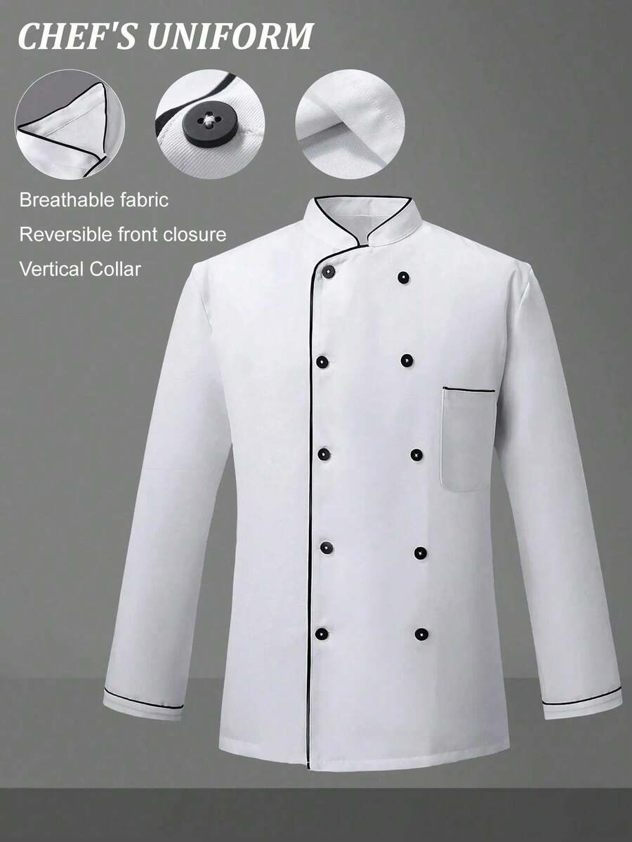 Men's White Simple & Formal Chef Jacket, Hidden Button Design, Essential For Professional Chefs - White - View 1