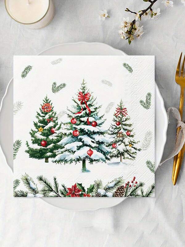 20pcs Christmas Party Napkins, Christmas Tree, Poinsettia, Snowflake Designs, Suitable For Home Holiday Christmas Party Supplies, Holiday Decorations