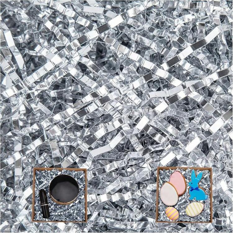 450g Crinkle Paper Filler, Papel Rallado Para Cestas De Regalo, Papel Rallado Para Cumpleaños, Bodas, Cajas, Bolsas, Relleno de Cestas, Aniversarios, Envoltura de Regalos (negro) - doble cara plata brillante - Añade 2