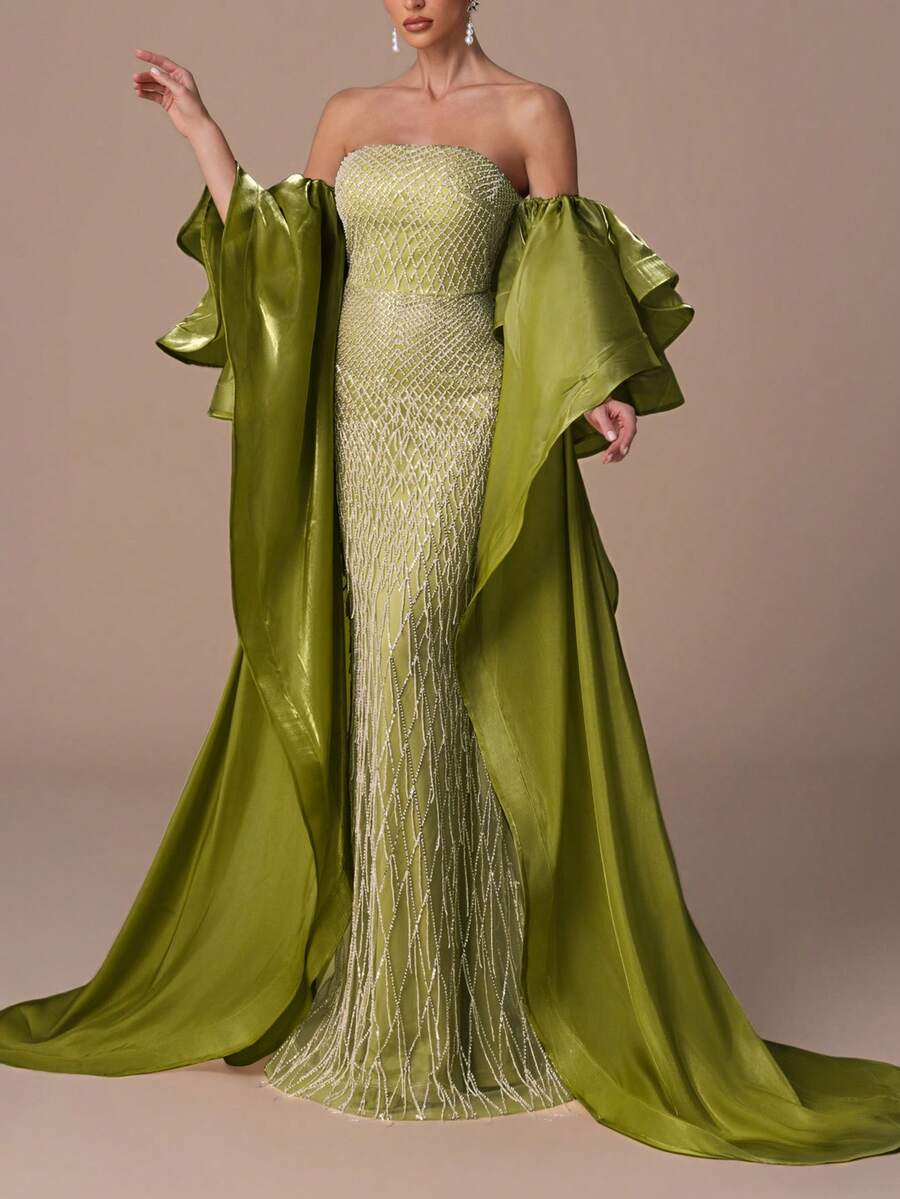 女士奢华无肩带美人鱼礼服，夸张的喇叭袖和亮片流苏细节，优雅精致的正式礼服，低背交叉绑带设计，搭配飘逸的披肩，适合正式晚宴、婚礼、盛会、慈善舞会，也是圣诞节期间女士们的理想优雅之选。 - 橄欖綠 - 查看 1