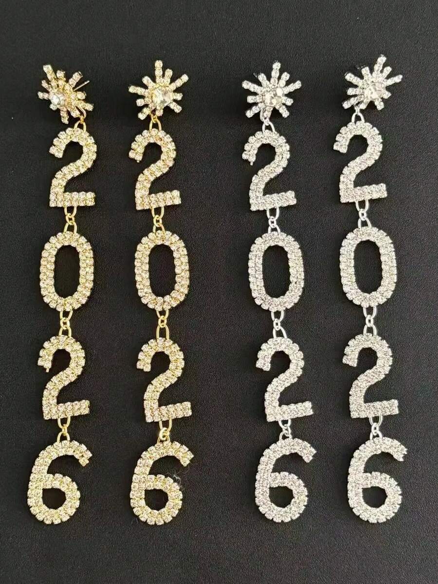 QIHOO 奢华个性化 2026 水晶耳环,百搭全铺字母吊坠耳环,圣诞新年派对配饰 - 彩色 - 查看 1