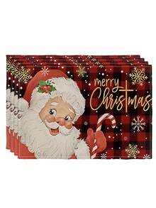 4 Pcs Red Grid Background Santa Claus Pattern Kitchen Floor Mat, Merry Christmas Printing Soft Anti-Slip Mat, Machine Washable, Kitchen And Living Room Laundry Floor Mat, Home Christmas Decoration - Red - View 6