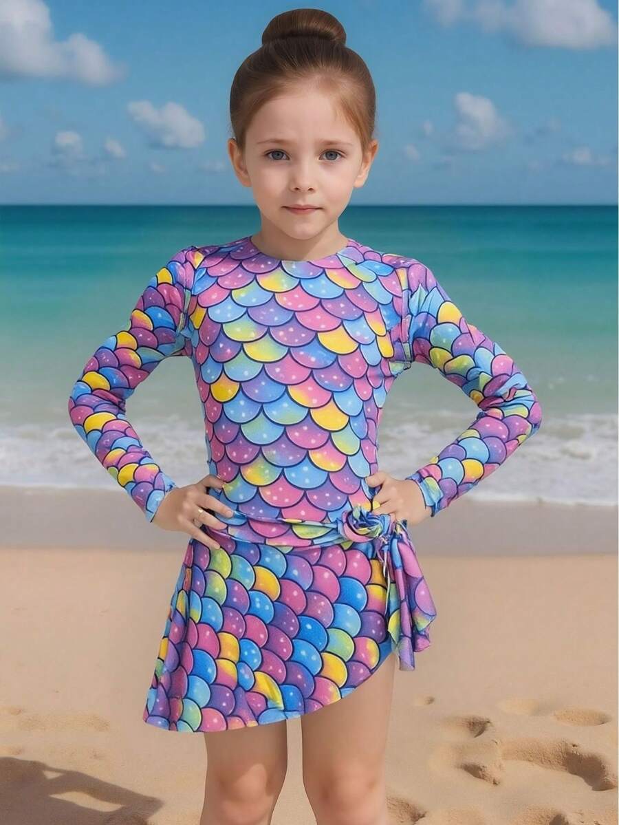 Children's Long Sleeve Swimsuit With Beach Cover-Up And Thermal Protection - 五彩鱗片 - 查看 1