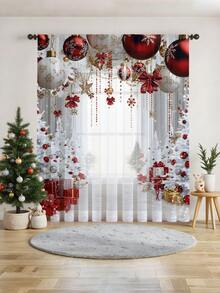 1 pezzo Tenda decorativa trasparente natalizia, con decorazioni floreali dorate, palloncini dorati, rami di pino, albero di Natale, design con asta, adatta per soggiorno, camera da letto, patio, villa, salone, festa di Natale, festa di Capodanno, decorazione cucina, 100g/mq