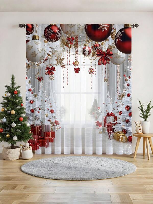 1 pieza Cortina decorativa transparente navideña, con diseño de flor dorada, globo dorado, rama de pino, árbol de Navidad y poste, adecuada para sala de estar, dormitorio, patio, villa, salón, fiesta navideña, fiesta de Navidad, decoración de cocina, 100g/m²