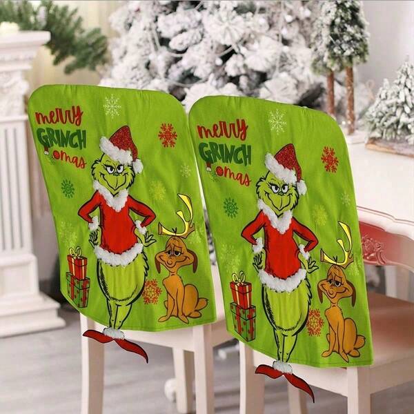 Grinch Weihnachts-Restaurant-Dekoration, digital bedruckter grüner Fellbezug für Grinch Weihnachtsstuhl, Cartoon grünes Monster Rückenlehnen-Abdeckung, Weihnachts-Atmosphäre Dekorations-Party-Geschenke