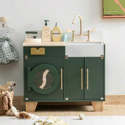 ROBUD Wooden Children's Kitchen Toy Four-Piece Set Series, Kitchen Oven, Washing Machine And Refrigerator - Retro Green, Suitable For Children Aged Three Years And Above, Toys For Girl, Toddler Toys