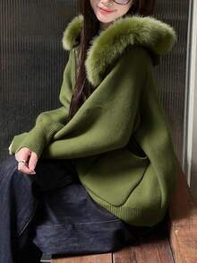 女款休闲毛领连帽针织开衫，宽松修身，秋季 - 綠色 - 查看 4