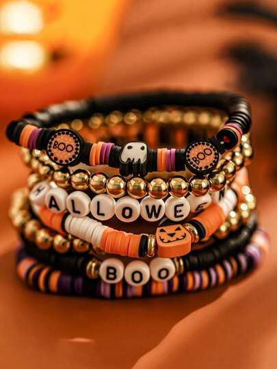 7 Pieces/Set Stackable Halloween Bracelet - Pumpkin Spider Boo Clay Bead Bracelet For Women's Party Jewelry