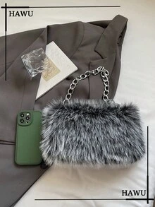 Solid Color Plush Soft Candy Chain Crossbody Bag, Y2K Style Women's Shoulder Bag Cute Pendant Clutch Bag Party Dress Accessory Random Pattern Plush Wallet Halloween Wallet Perfect For Various Parties, Halloween Fashion And Gothic Fashion - Grey - View 5