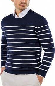 Men's Crew Neck Sweater Slim Fit Lightweight Sweatshirts Knitted Pullover For Casual Or Dressy Wear - 海軍藍/白色水手條紋 - 查看 8