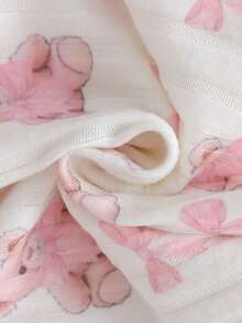 6pcs Set Casual Cute Ribbed Brushed Bow & Bear Print Long Sleeve Top And Pants Suit, Autumn/Winter