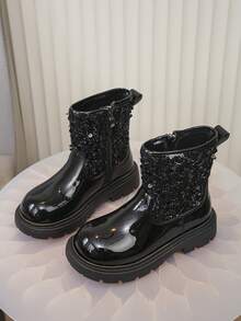1 Pair Unisex Kids Fashion Shiny Leather Boots, Warm Academy Outdoor Boots, Casual Boots For Toddlers, All Season Boots