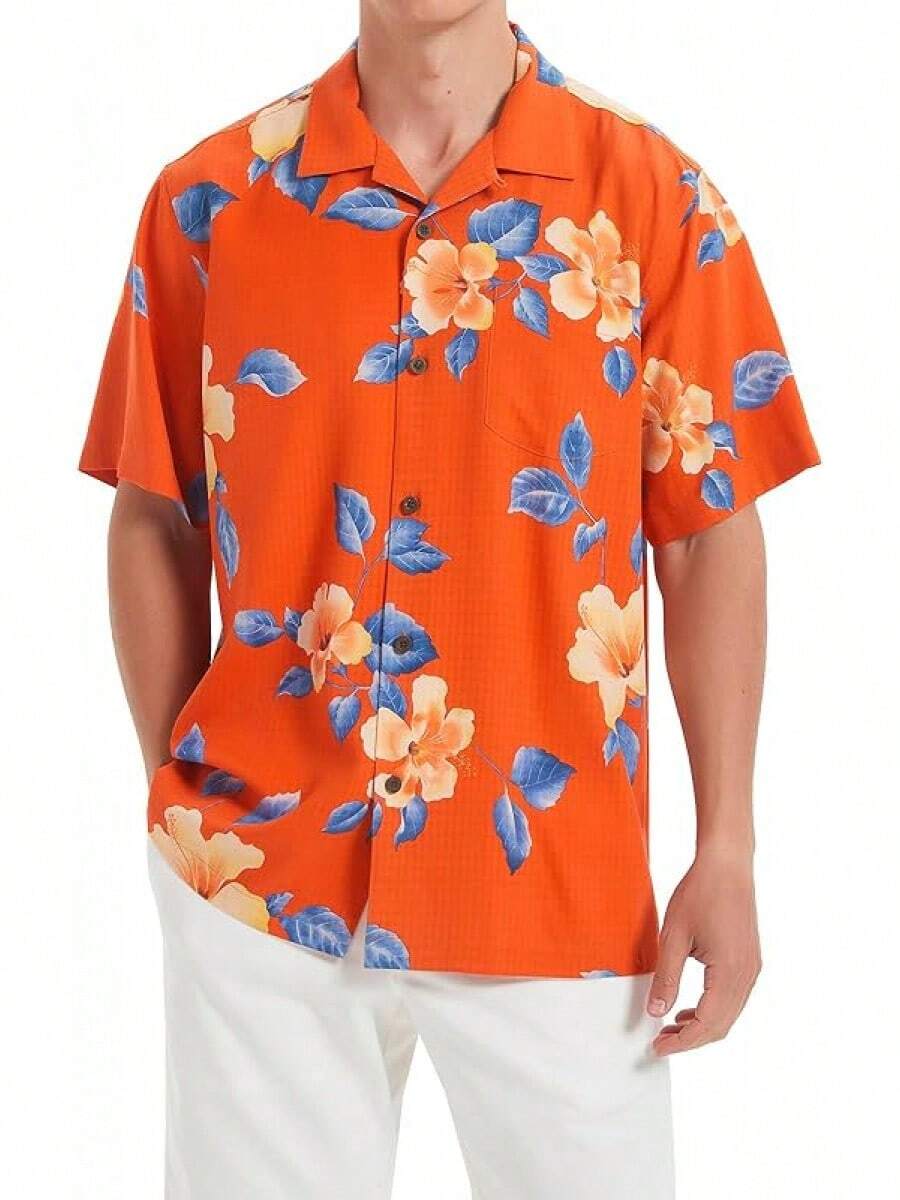 Men's Hawaiian Floral Shirts Silk Short Sleeve Button Down Casual Tropical Beach Holiday Shirtshalloween - 紅色1 - 查看 1