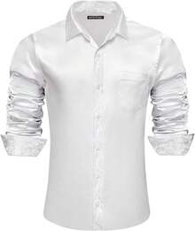 Mens Satin Silk Shirts Long Sleeve Designer Dress Shirt Shiny Untucked Casual Button Down Shirt Party Disco Formalhalloween - 緞面亮白色 - 查看 8