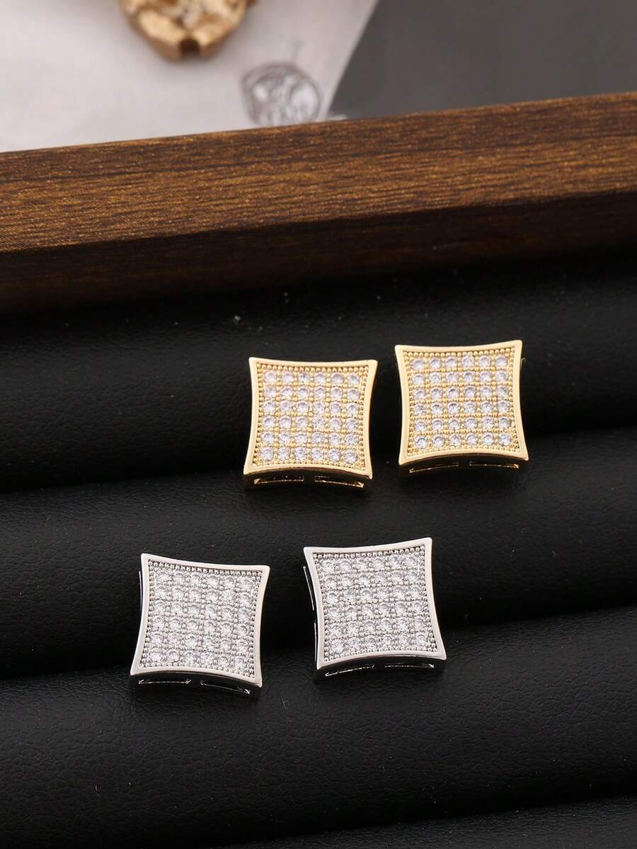2pcs Square & Diamond Shaped Hiphop Stud Earrings For Men, Cubic Zirconia Inlaid, Minimalist & Stylish, Suitable For Couples - Diamond - View 1