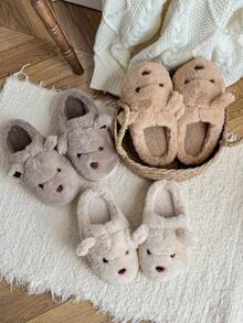 Damskie beżowe kapcie z motywem misia z kreskówki, urocze, pluszowe, z motywem rodziny zwierząt EVA, grube, puszyste, zimowe kapcie do użytku wewnątrz i na zewnątrz