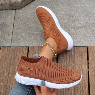 Women's Fashion Sporty Outdoor Casual Knit Sneakers, Striped Pattern Running Shoes, Suitable For All Seasons