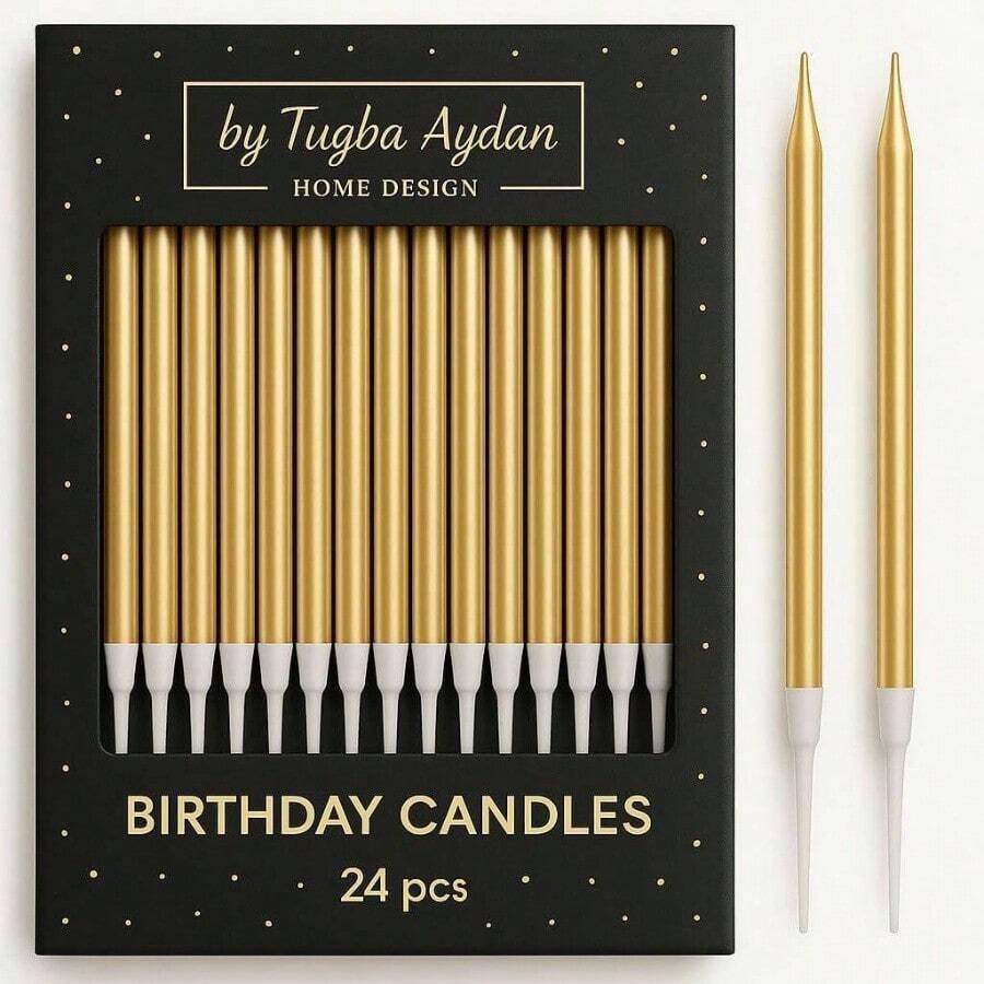 Gold Birthday Candles - 24 Pack Metallic Long Candles Cakes Cupcakes Elegant Cake Decoration Adults, Men Women Tugba