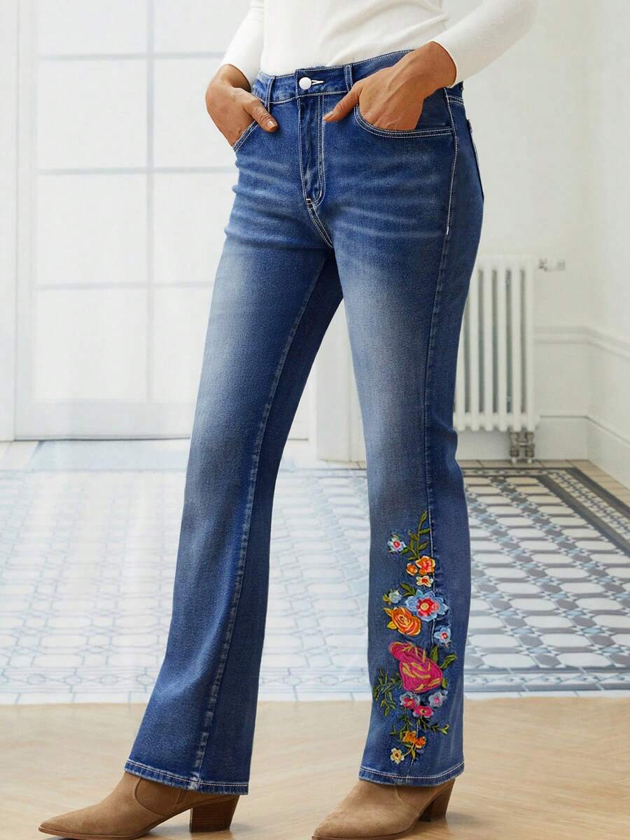 Women's Plus Size Jeans Leaf Floral Pocket Button Zipper Home Daily Office School Travel Flower Embroidered Trousers High Waist Makes You Look Slimmer Engage Your Core And Lift Your Hips Retro Micro Flared Embroidered Jeans - 藍色 - 查看 1