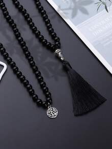 波西米亚风格流苏吊坠长项链 8 毫米黑色电气石念珠项链 108 颗 Japamala 珠冥想念珠祈祷珠宝礼物 适合女性和男性