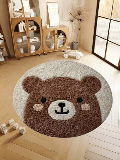 1pc Cute Cartoon Bear Print Carpet, Soft & Durable Faux Wool Round Area Rug, Comfortable Home Mat, Washable, Suitable For Bedroom, Living Room, Play Mat, Bedroom Decor, Area Rug, Vanity Mat, Home Decor, Holiday Decoration
