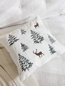 1 pieza Funda de almohada decorativa bordada con reno y árbol de Navidad, adecuada para decoración interior, funda de almohada navideña, sin incluir el relleno de la almohada
