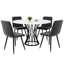 Dining Table Set (5 Pieces), Dining Table Set With 4 Chairs, Modern Kitchen Table Set, 80 Diameter Round Kitchen Table, Black Legs, White Marble Table Top, Grey Velvet Dining Chairs - 1 - View 6