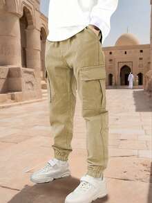 3 piezas Pantalones cargo casuales, deportivos y con estilo de múltiples bolsillos con cordón para niños preadolescentes, adecuados para primavera, verano, otoño e invierno