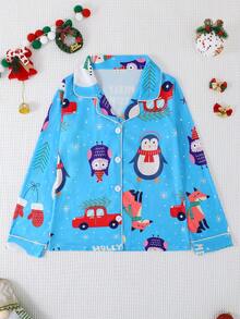 2件套男童及青少年休闲卡通企鹅雪人印花翻领长袖开衫和长裤睡衣套装，阻燃，四季皆宜 - 藍色 - 查看 3