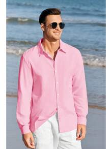 Mens Button Up Shirts Long Sleeve Linen Beach Casual Cotton Summer Lightweight Tops - 粉紅色 - 查看 3