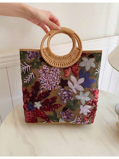 Sequin Straw Tote Bag, Luxury Embroidered Woven Purse, Spacious Braided Handbag, Niche Design Women's Beach Bag, Designer Sequin Tote, Bohemian Embroidered Beach Bag, Oversized Straw Shoulder Bag, Vacation Luxury Poolside Purse