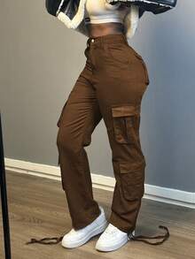 Jeans de pierna recta de talle medio - Pantalones casuales sin estiramiento con dobladillo con cordón y bolsillos cargo - Marrón - Ver 5