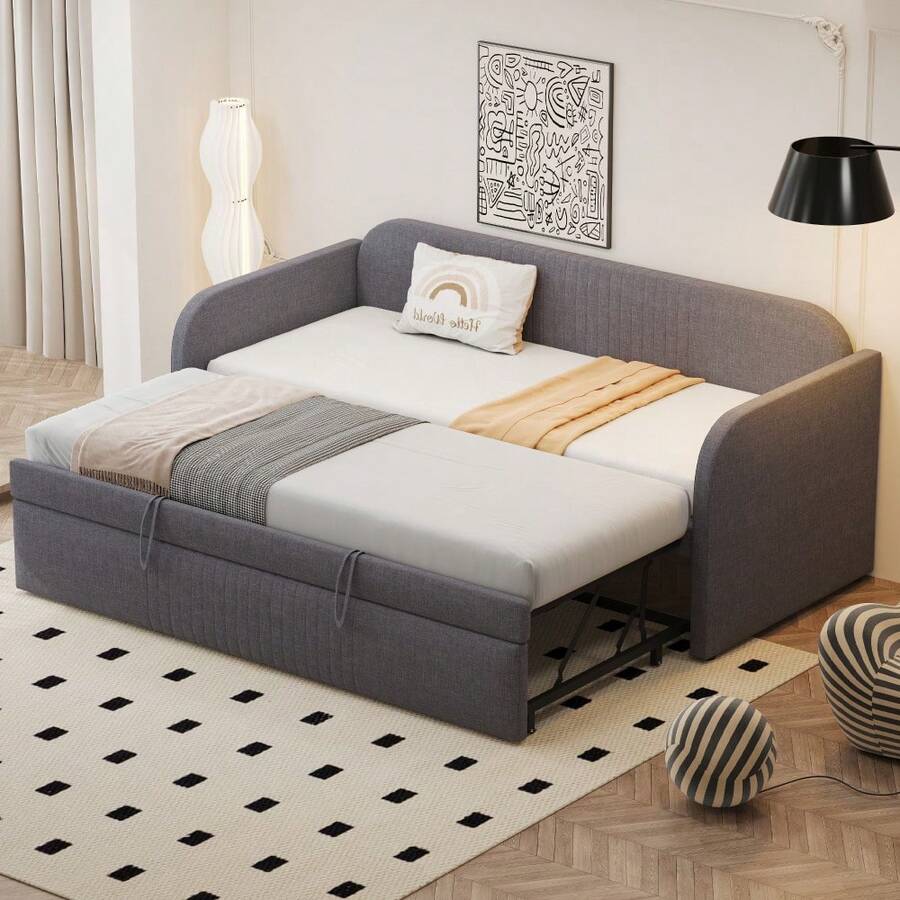 Upholstered Bed, Pull-Out Sofa Bed 90/180*190 Cm, With Vertical Stripes, With Slatted Frame, Multifunctional Bed, Comfortable And Breathable Linen Fabric, Grey (Mattress Not Included) - Grey + Upholstered + 90cm*190cm-2 - View 1