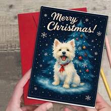 1 pièce Carte de vœux de Noël Westie - Un chien Westie avec un sapin de Noël, des flocons de neige et un nœud rouge sur un fond bleu marine d'hiver enneigé - Cadeau de vacances pour les amateurs d'animaux de compagnie - Conception mignonne de West Highland Terrier blanc - Parfait pour les propriétaires de Westie - Carte de vœux festive pour les amis et la famille - Illustration thématique de la saison hivernale confortable - Cadeau de Noël idéal pour les amateurs de chiens, également adapté comme carte de Noël amusante ou carte postale