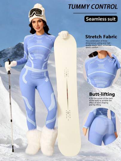 1 Set Women Ski Suit, Comfortable Slim-Fit Soft Quick-Dry Round Neck Workout Fitness Running Yoga Long Sleeve Top And Pants Sports Outfit