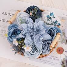 Artificial Flowers Combo Box Set, Blue Fake Flowers Roses Bridal Bouquets Out/Indoor DIY Centerpieces White Flowers For Decoration Arrangements Party Baby Shower - 藍色 - 查看 2