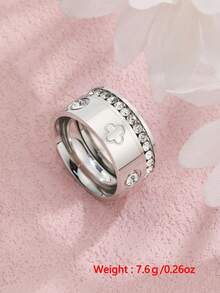 2 件奢华精致不锈钢全锆石戒指时尚浪漫四叶草情侣戒指结婚周年纪念礼物 - 銀色 - 查看 4