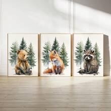 3 buc/set poster pe pânză cu animale din pădure pentru camera copiilor, decor de perete pentru camera copiilor, cadou pentru petrecerea de baby shower, artă pentru camera copiilor, animale din pădure, animale în acuarelă, urs, vulpe, raton, potrivit pentru decorul casei, decorul camerei, decorul dormitorului, decorul camerei de zi, decorul băii, decorul de perete, artă de perete opțională cu ramă