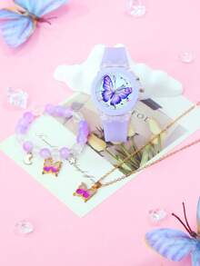 Juego de 3 piezas de relojes de mariposa para niñas - Reloj de cuarzo LED con luz brillante, correa de silicona suave, pulsera con cuentas y collar, regalo de cumpleaños, Navidad y vuelta al colegio para niñas de 3 a 14 años, color morado