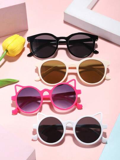 4 PCS Boys & Girls 9-14Y Round Frame & Cute Cat Ears Fashion Glasses For Y2K Accessories,Travel Accessories And Outdoor Activities