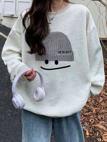 女式休闲宽松笑脸卡通印花圆领运动衫，百搭秋冬