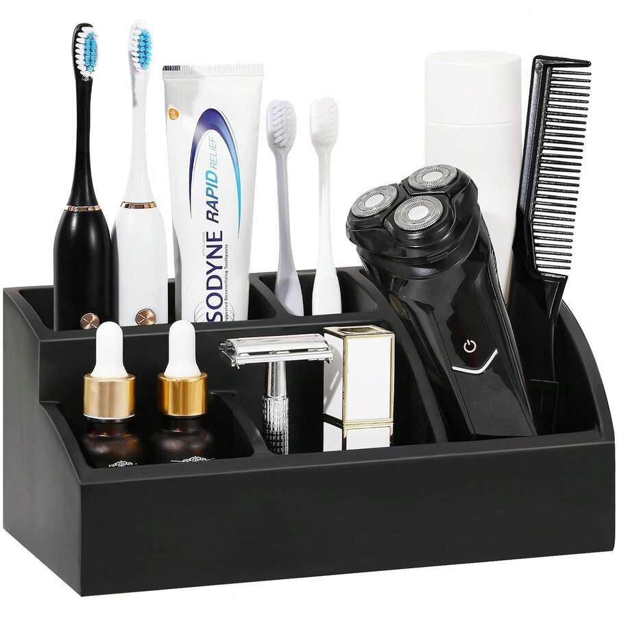 Luxspire Organizador de baño, Soporte para cepillos de Dientes con 5 Espacios, Organizador Grande para encimera de baño, Accesorios de baño de Aspecto mármoleado para cepillos de Dientes y Pasta de - Grava blanca - Ver 1