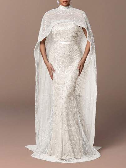 Women's Luxury High Neck Pearl Beaded Sequin Mermaid Evening Gown - Fish Tail Hem With Sheer Shawl, Fitted Silhouette - Perfect For Weddings, Galas, Red Carpets, And Grand Parties, New Year Dress